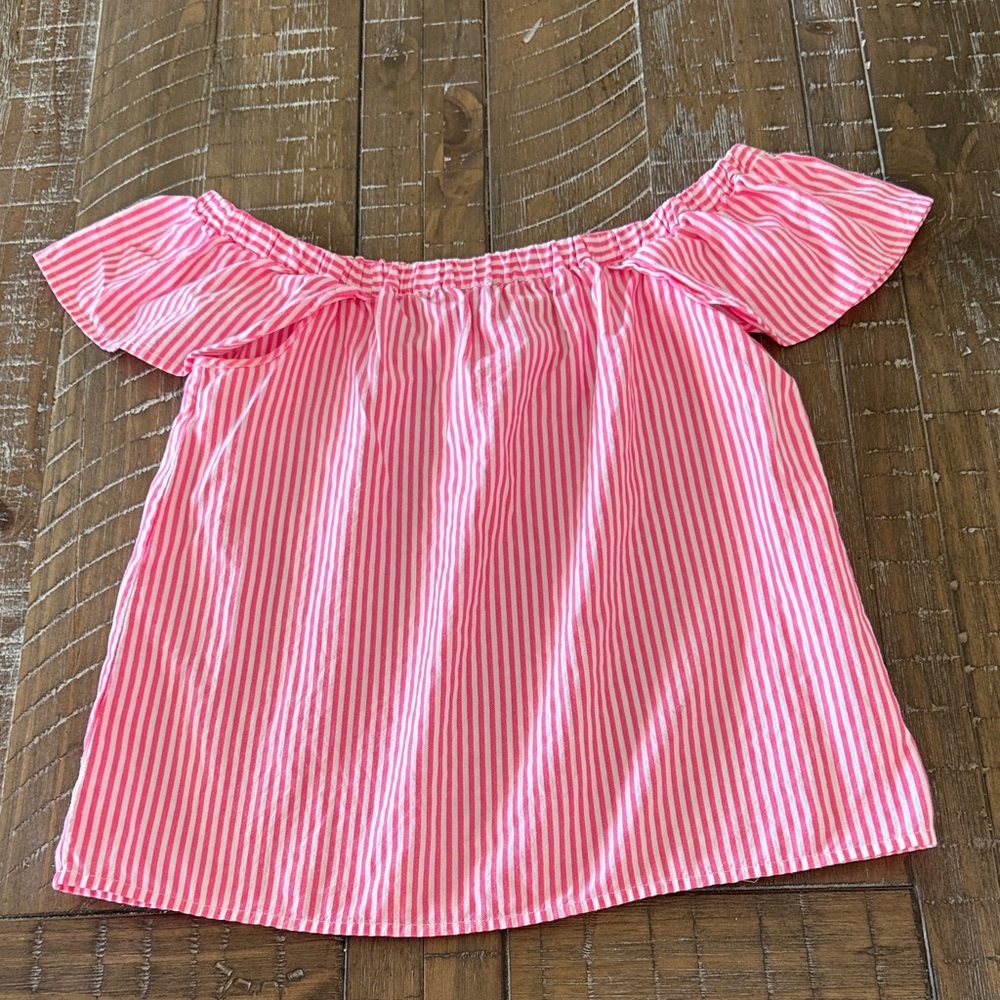 Vineyard Vines Oxford Stripe Bright Coral Pink Off-Shoulder Top,  XXS, EUC